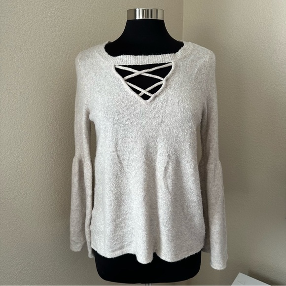 American Eagle Oatmeal Cross Neck Bell Sleeve Soft Sweater - Picture 1 of 13
